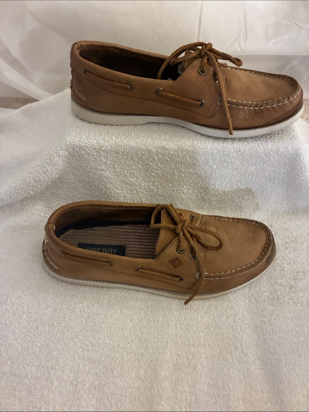 Sperry Men’s Tan Leather 2-Eye Boat Shoes, moccasins rawhide laces
